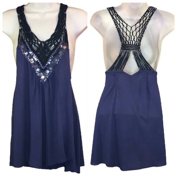 Free People | Blue Racerback Tank Sequins Crochet Neckline / Back Straps M - Picture 1 of 7